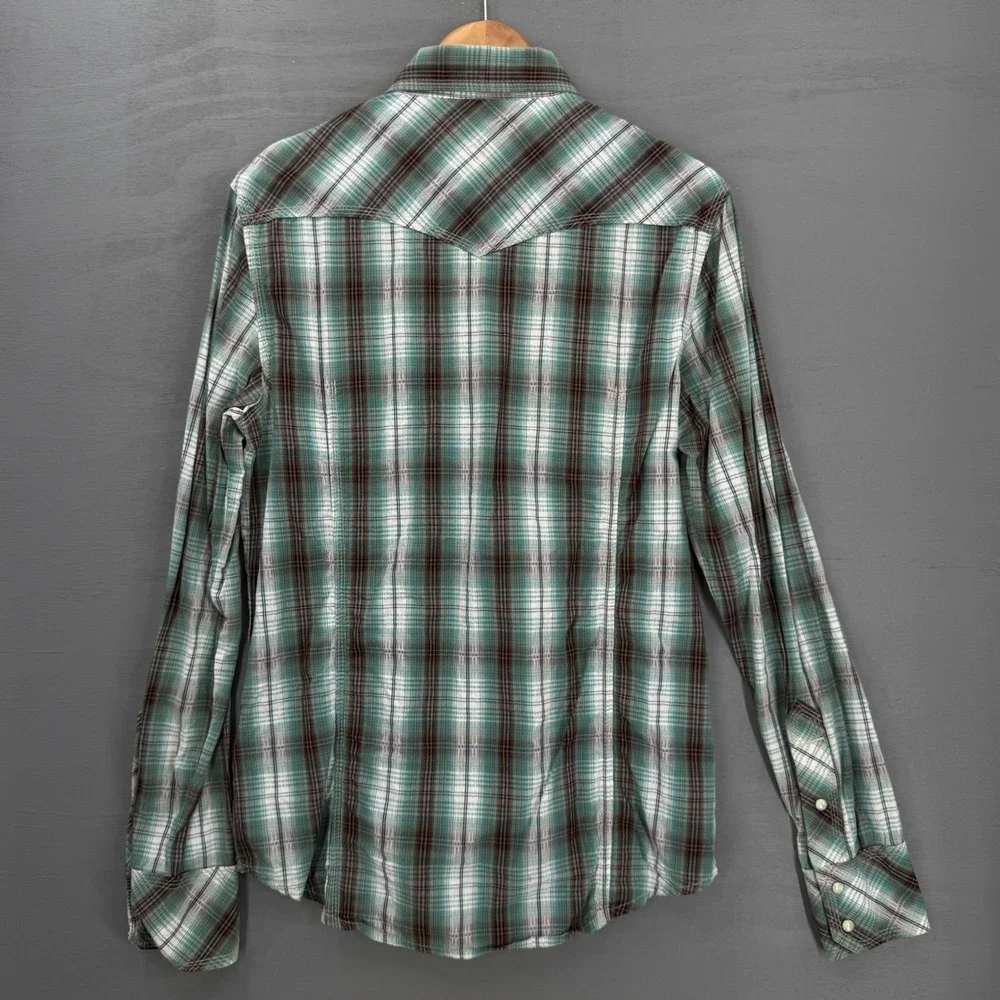 True Religion Western Pearl Snap Shirt Green Brown Plaid Long Sleeve Medium